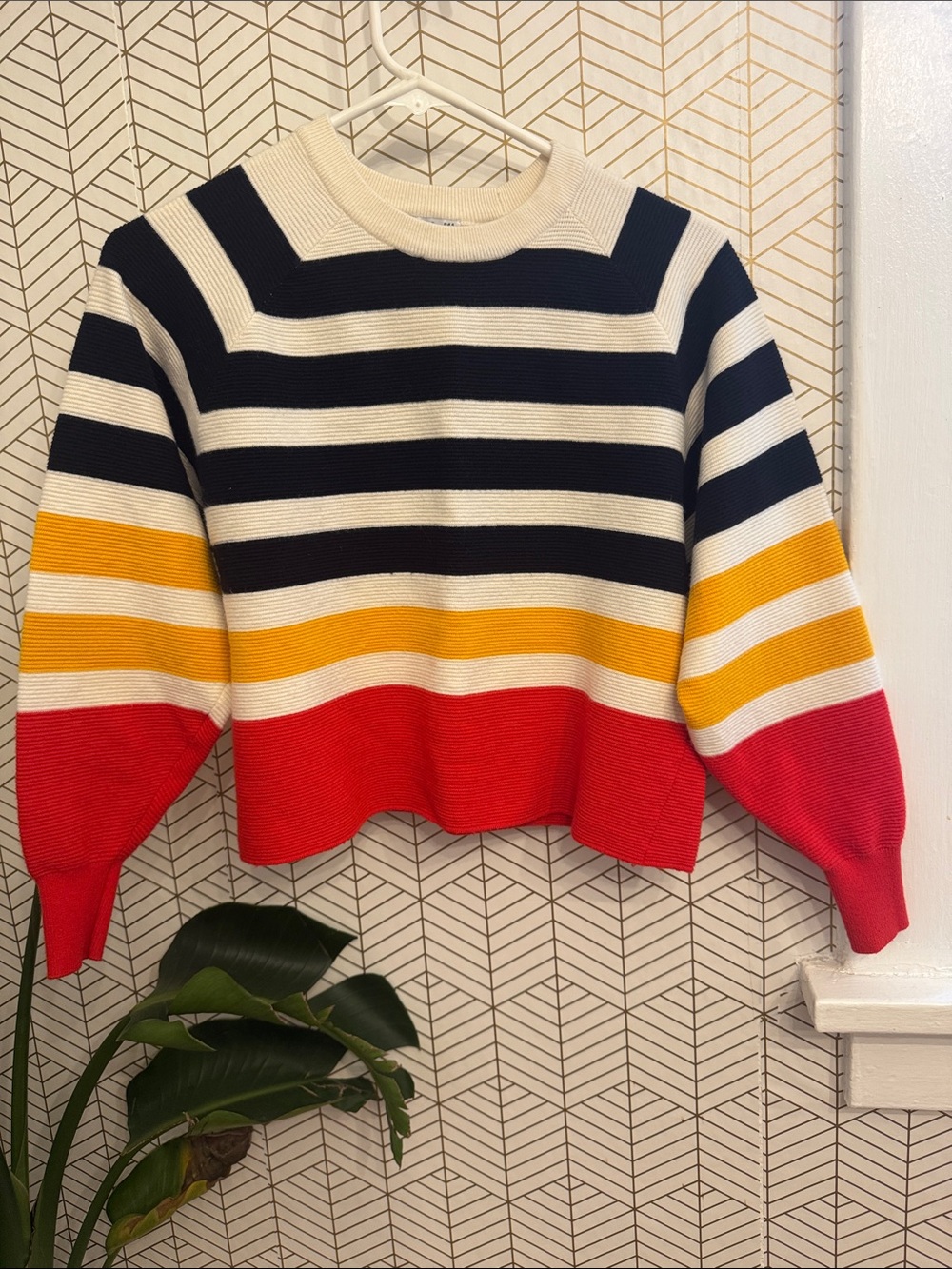 Mango Striped Crewneck Sweater in Black, Cream, Yellow & Red
